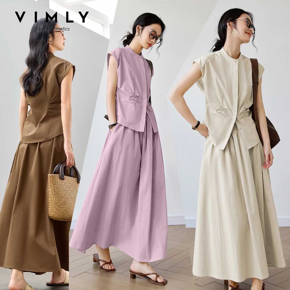 Vimly Damen Casual Minimalistisches Rock-Set 2026 Sommer Neu Rundhals Ärmelloses Top Elastische Taille Maxi-Rock 2-Teiliges Set M9593 Vimly Damen Casual Minimalistisches Rock-Set 2026 Sommer Neu Rundhals Ärmelloses Top Elastische Taille Maxi-Rock 2-Teiliges Set M9593