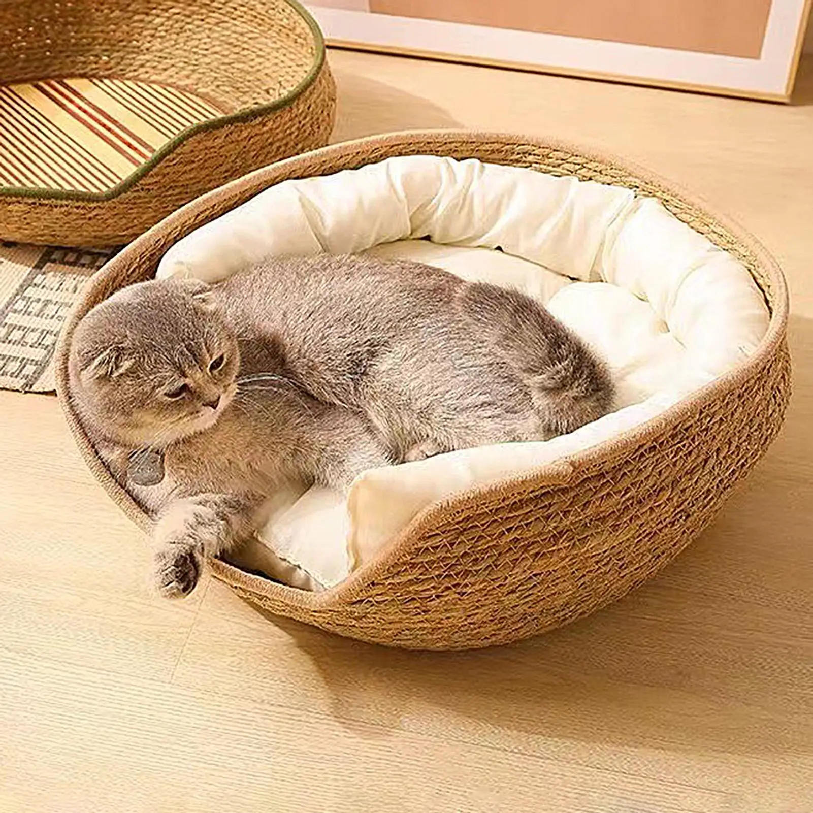 Natürliches Katzenbett Strohnest Gewebtes Haustierhaus Handgefertigtes Geflochtenes Schilfblatt Mit Weichem Kissen Natürliches Katzenbett Strohnest Gewebtes Haustierhaus Handgefertigtes Geflochtenes Schilfblatt Mit Weichem Kissen - Image 4