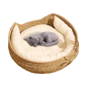 Gewebtes Katzenbett, gewebtes Katzennest mit weichem Kissen und Kopfkissen, belüftet, für alle Jahreszeiten, zum Schlafen und Ausruhen, niedliches Design