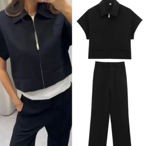 TFMLN Mode-Set für Frauen, Sommer, 2022, neues schlankes Revers, Reißverschluss, kurze Ärmel, Mantel, Oberteil, weites Bein, Hose, zweiteiliges Set, Freizeit, Schwarz