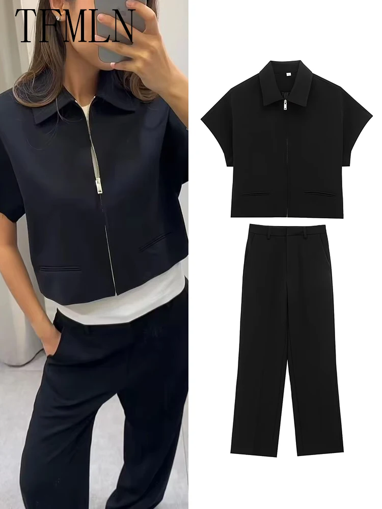 Tfmln Mode-Set Für Frauen, Sommer, 2022, Neues Schlankes Revers, Reißverschluss, Kurze Ärmel, Mantel, Oberteil, Weites Bein, Hose, Zweiteiliges Set, Freizeit, Schwarz Tfmln Mode-Set Für Frauen, Sommer, 2022, Neues Schlankes Revers, Reißverschluss, Kurze Ärmel, Mantel, Oberteil, Weites Bein, Hose, Zweiteiliges Set, Freizeit, Schwarz