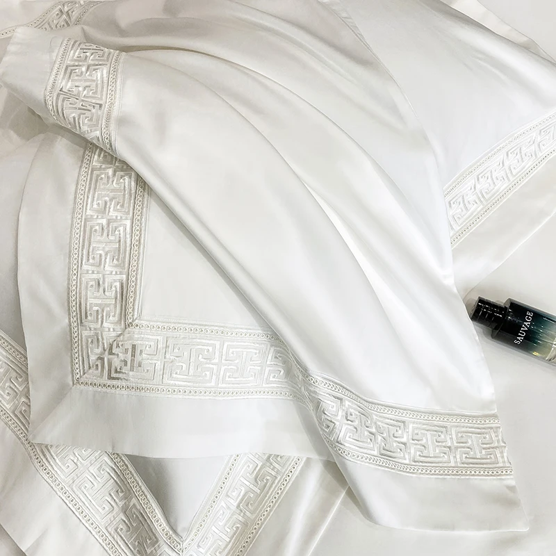 600Tc Egyptian Cotton White Luxury Embroidery Hotel Style Bedding Set Duvet Cover Set Flat/Fitted Bed Sheet Pillowcases 4Pcs 600Tc Egyptian Cotton White Luxury Embroidery Hotel Style Bedding Set Duvet Cover Set Flat/Fitted Bed Sheet Pillowcases 4Pcs - Image 5