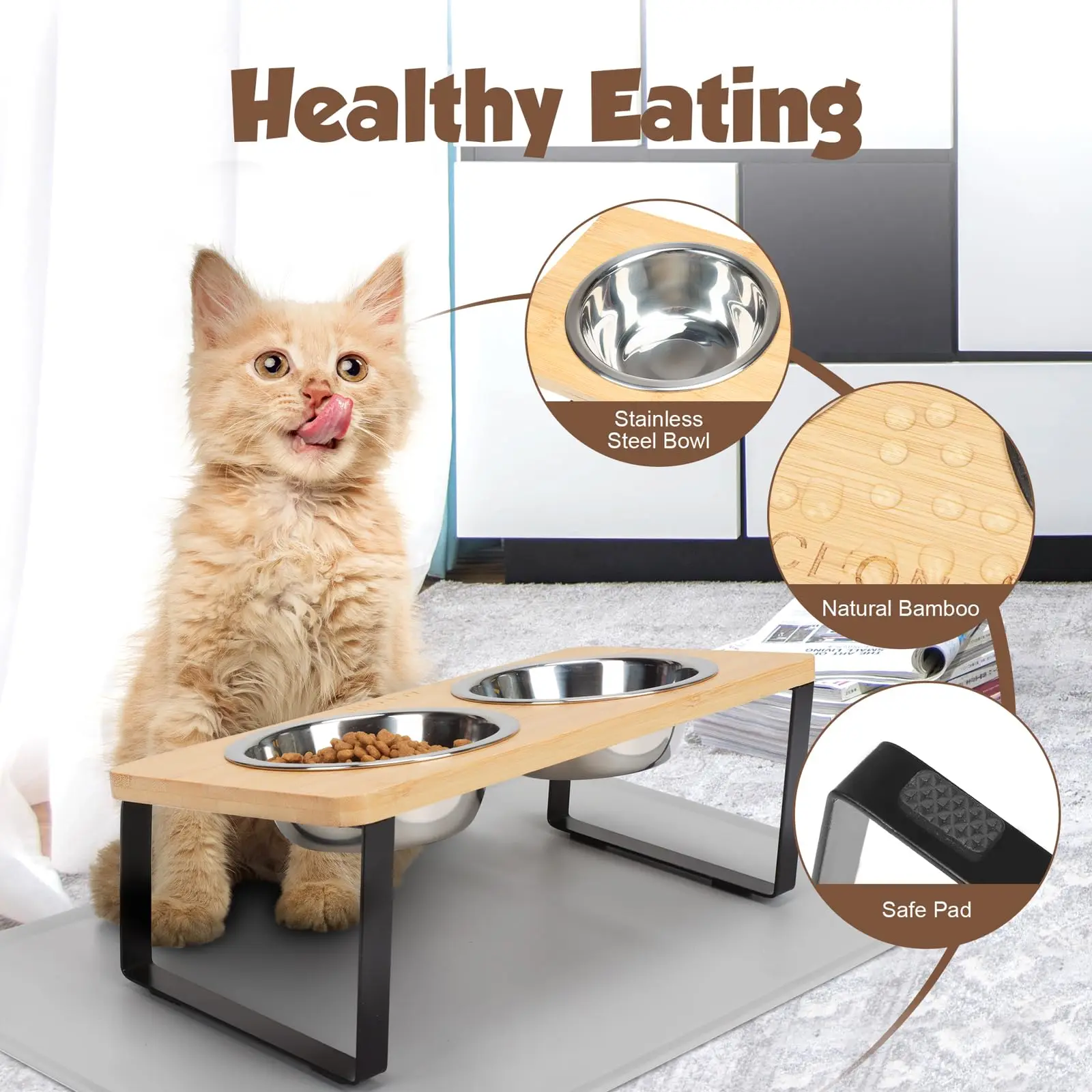 Elevated Cat Bowls With Food Mat 15° Tilted Stand Raised Cat Dishes For Food And Water Feeder 2 Stainless Steel Bowls For Cats Elevated Cat Bowls With Food Mat 15° Tilted Stand Raised Cat Dishes For Food And Water Feeder 2 Stainless Steel Bowls For Cats - Image 5