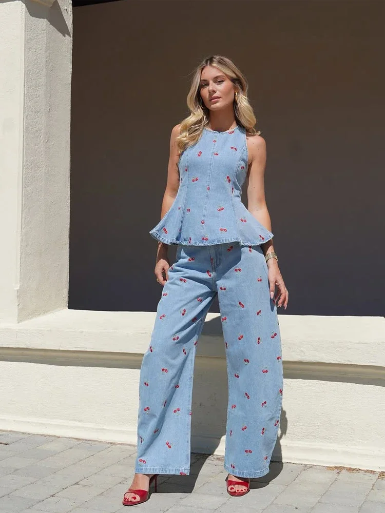 Bedrucktes Denim-Ärmelloses-Top Zweiteiler-Set Elegantes Damen-Outfit Mit Rundhalsausschnitt Modisches Kurzshirt Lange Hose Anzug 2026 Street-Outfits Bedrucktes Denim-Ärmelloses-Top Zweiteiler-Set Elegantes Damen-Outfit Mit Rundhalsausschnitt Modisches Kurzshirt Lange Hose Anzug 2026 Street-Outfits - Image 3