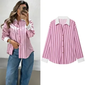 Damen-Blusen und -Tops Frühling Neue Mode Farbblockierung Elegante Damenhemden Schicke Streetwear Einreihige Oberteile