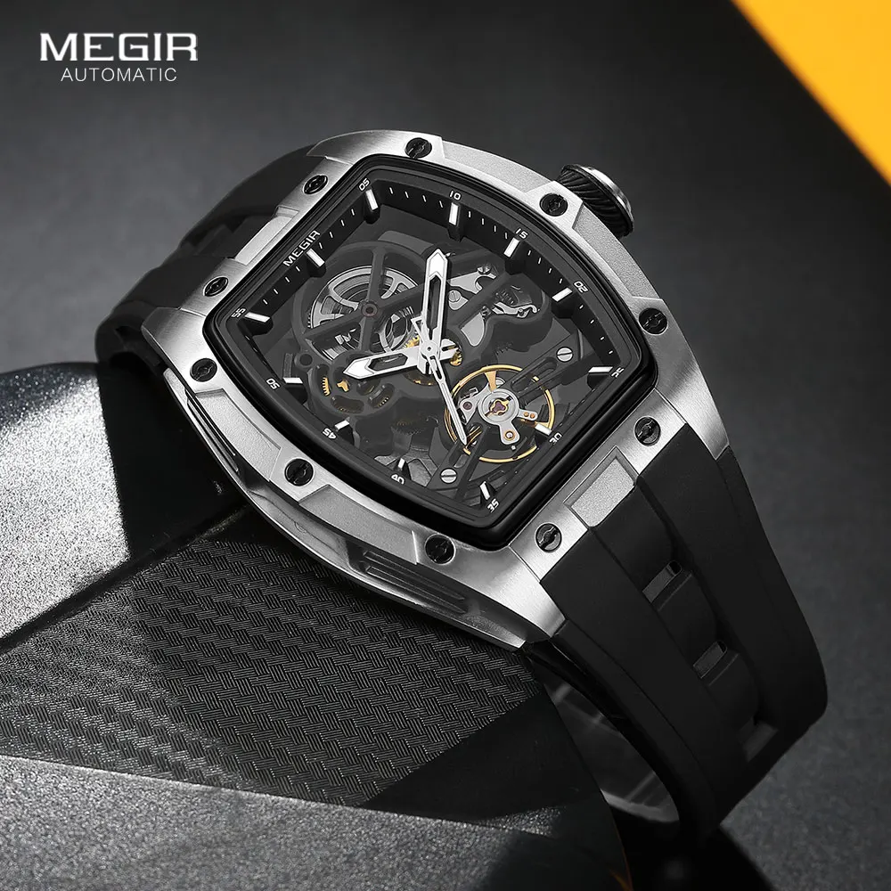 Megir Männer Armbanduhr Mode Schwarz Wasserdichte Automatische Mechanische Uhr Mit Leuchtenden Zeigern Silikon Armband Tonneau Zifferblatt Megir Männer Armbanduhr Mode Schwarz Wasserdichte Automatische Mechanische Uhr Mit Leuchtenden Zeigern Silikon Armband Tonneau Zifferblatt - Image 2