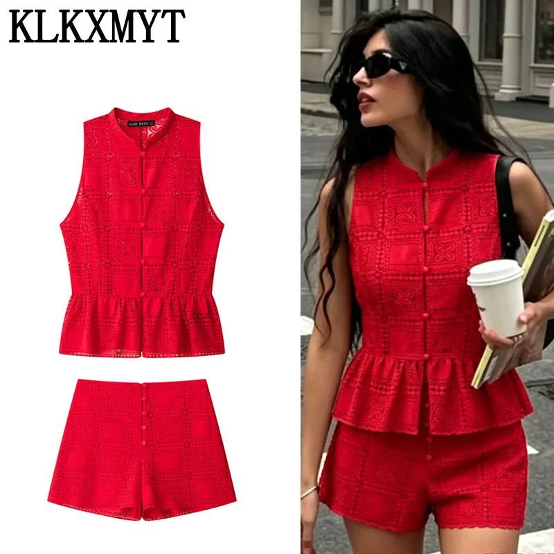 Klkxmyt Damen Sommer-Shorts-Set: Neues Modisches Spitzen-Oberteil Mit Cut-Outs + High-Street Mid-Waist Freizeit-Shorts-Anzug Klkxmyt Damen Sommer-Shorts-Set: Neues Modisches Spitzen-Oberteil Mit Cut-Outs + High-Street Mid-Waist Freizeit-Shorts-Anzug