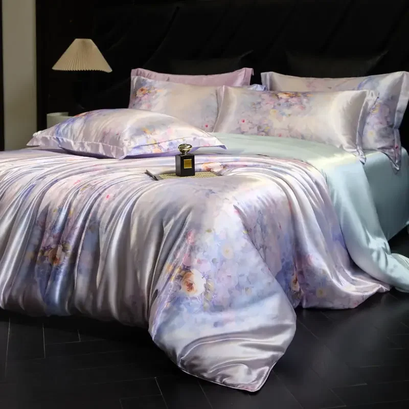 100% Natural Mulberry Silk Fitted Sheet Bedding Sets 3D Printed Satin Cooling Quilt Cover Set For Summer Single Double Bed Kit 100% Natural Mulberry Silk Fitted Sheet Bedding Sets 3D Printed Satin Cooling Quilt Cover Set For Summer Single Double Bed Kit - Image 8