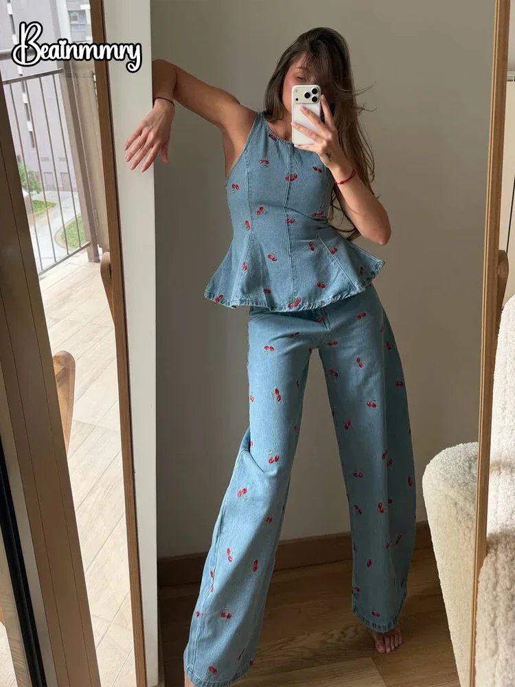 Bedrucktes Denim-Ärmelloses-Top Zweiteiler-Set Elegantes Damen-Outfit Mit Rundhalsausschnitt Modisches Kurzshirt Lange Hose Anzug 2026 Street-Outfits Bedrucktes Denim-Ärmelloses-Top Zweiteiler-Set Elegantes Damen-Outfit Mit Rundhalsausschnitt Modisches Kurzshirt Lange Hose Anzug 2026 Street-Outfits - Image 2
