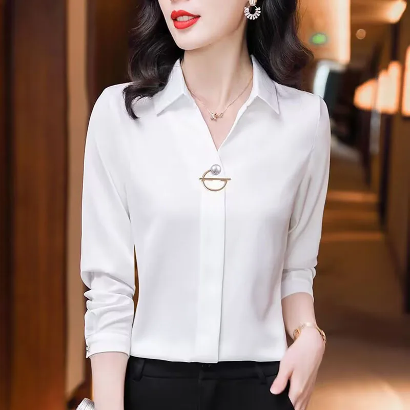 Elegante Frauen Chiffon Bluse 2025, Neue Temperament Turndown Kragen Büro Dame Hemd Streetwear Casual Einfarbig Tops Kleidung Elegante Frauen Chiffon Bluse 2025, Neue Temperament Turndown Kragen Büro Dame Hemd Streetwear Casual Einfarbig Tops Kleidung - Image 4