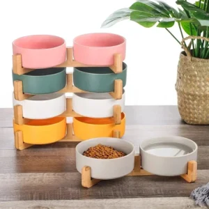 Keramik-Haustiernapf, Schüssel mit Holzständer, kein Verschütten, Haustier-Keramik-Doppelnapf für Hunde, Katzenfutter, Wassernapf, Katzen, kleine Hunde, Haustiernapf