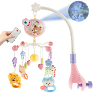 Babybett Mobile mit Musik und Licht niedlichen Krippe Mobile Spielzeug mit Fernbedienung 360 ° Rotation Baby Musical Krippe Mobile