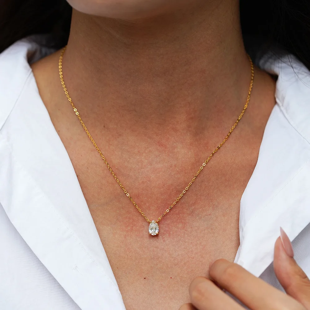 Luxuriöse Damen-Halskette Aus 100 % Echtem 18-Karätigem Gold, Einfache Wassertropfen, Birnenförmig, 1 Karat Diamant-Anhänger, Moissanit-Schlüsselbeinkette Luxuriöse Damen-Halskette Aus 100 % Echtem 18-Karätigem Gold, Einfache Wassertropfen, Birnenförmig, 1 Karat Diamant-Anhänger, Moissanit-Schlüsselbeinkette - Image 4