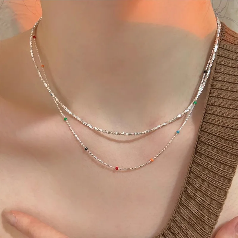 Halskette Aus 925Er-Silber Mit Einfachen Geometrischen Mehrfarbigen Perlen, Halsband, Glänzende, Zarte Schlüsselbeinkette Für Damen Halskette Aus 925Er-Silber Mit Einfachen Geometrischen Mehrfarbigen Perlen, Halsband, Glänzende, Zarte Schlüsselbeinkette Für Damen - Image 4