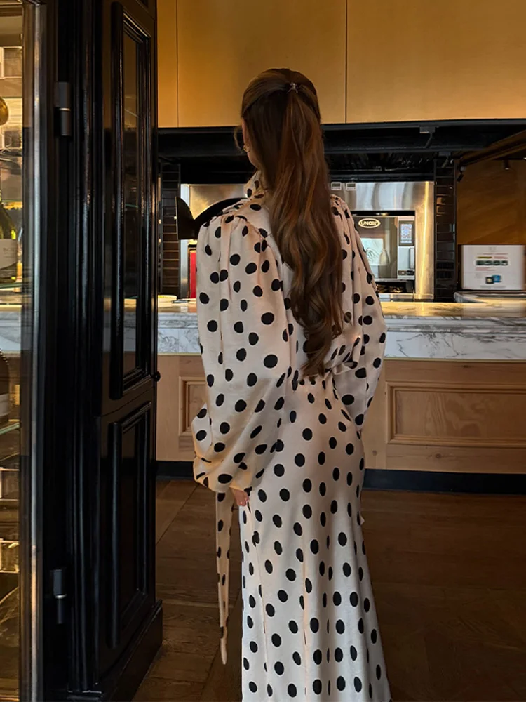 Elegantes Satin-Polka-Dot-Maxikleid Für Damen Mit Schleifen-V-Ausschnitt, Langen Ärmeln Und Tailliertem Rock-Set – Abendparty-Outfit 2026 Elegantes Satin-Polka-Dot-Maxikleid Für Damen Mit Schleifen-V-Ausschnitt, Langen Ärmeln Und Tailliertem Rock-Set – Abendparty-Outfit 2026 - Image 2