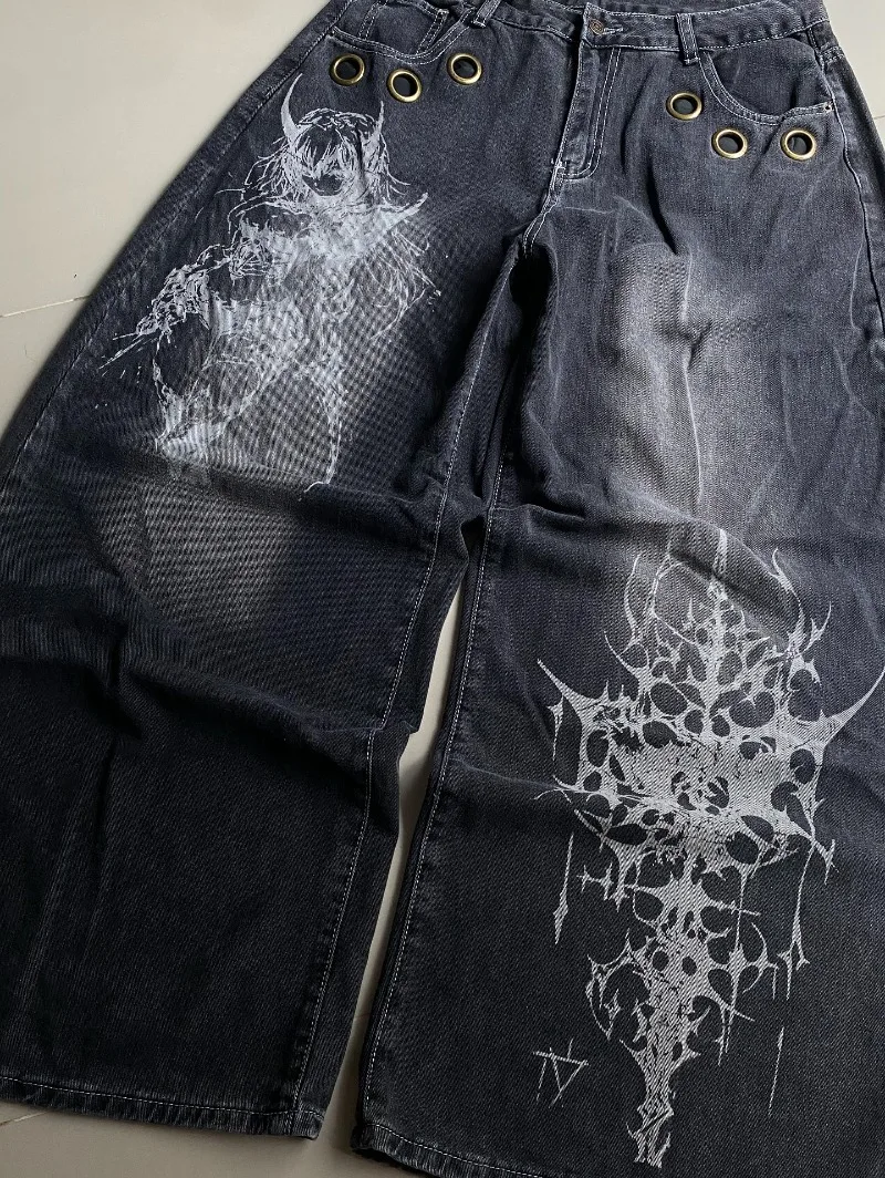American New Fashion Oversized Pattern Printed Washed Jeans Men Y2K Gothic Rock Popular Casual Joker High Waist Wide Leg Pants American New Fashion Oversized Pattern Printed Washed Jeans Men Y2K Gothic Rock Popular Casual Joker High Waist Wide Leg Pants - Image 4