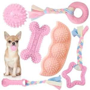 Kauspielzeug für Hunde zum Reinigen der Zähne, rosa weicher Gummiknochen, lustiger Ball, interaktives Donut-Leckerli-Set für kleine, mittelgroße Hunde, Haustiergeschenke