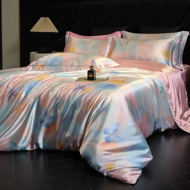 100% Natural Mulberry Silk Fitted Sheet Bedding Sets 3D Printed Satin Cooling Quilt Cover Set For Summer Single Double Bed Kit 100% Natural Mulberry Silk Fitted Sheet Bedding Sets 3D Printed Satin Cooling Quilt Cover Set For Summer Single Double Bed Kit - Image 2