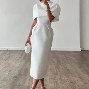 Elegantes Einfarbiges Schal-Kleid Damenanzug Kurzarm Tailliertes Schlankes Damen-Set 2026 Frühling Sommer 2-Teiliges Set Damen-Outfits