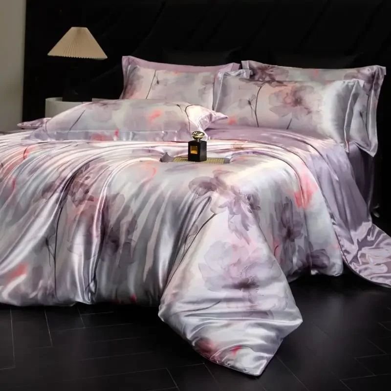 100% Natural Mulberry Silk Fitted Sheet Bedding Sets 3D Printed Satin Cooling Quilt Cover Set For Summer Single Double Bed Kit 100% Natural Mulberry Silk Fitted Sheet Bedding Sets 3D Printed Satin Cooling Quilt Cover Set For Summer Single Double Bed Kit - Image 14