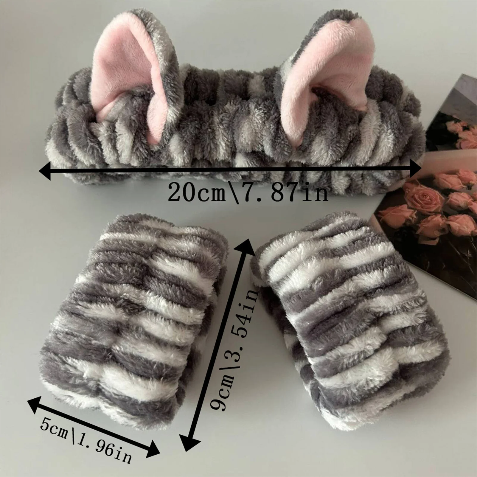 Niedliches Haarband mit Katzenohren und Armbändern, Plüsch-Stirnband zum Waschen des Gesichts, geeignet für Frauen und Männer, lässige Kopfbedeckung für zu Hause – Bild 6