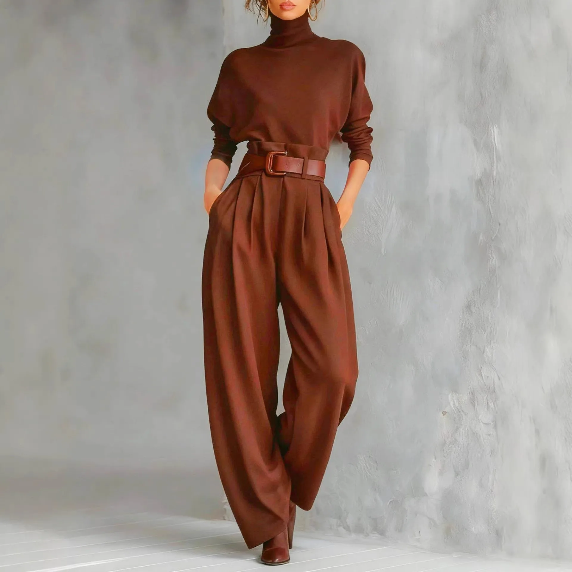 Damen High-Waist Wide-Leg Hosen-Set Frühling Herbst Mode Slim Fit Oberteil Und Gürtel 2-Teiliges Outfit Langarm Hochgeschlossenes Design Damen High-Waist Wide-Leg Hosen-Set Frühling Herbst Mode Slim Fit Oberteil Und Gürtel 2-Teiliges Outfit Langarm Hochgeschlossenes Design - Image 3