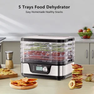 BioloMix BPA-frei, 5-Tablett-Dörrgerät für Lebensmittel, mit digitalem Timer und Temperaturregelung für Obst, Gemüse, Fleisch, Rindfleisch, Dörrfleisch