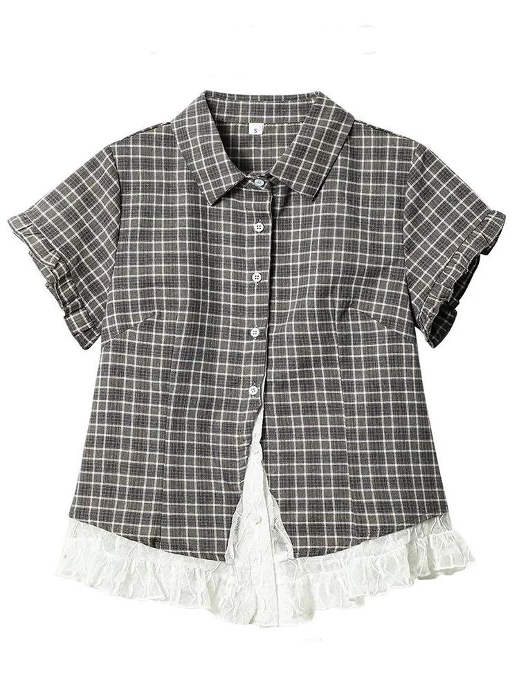 Spitzen-Patchwork Kariertes Hemd Damen Sommer Süße Kurzarm Vintage Bluse Schlanke Süße Retro Japan Kawaii Weibliche Niedliche Lässige Oberteile Spitzen-Patchwork Kariertes Hemd Damen Sommer Süße Kurzarm Vintage Bluse Schlanke Süße Retro Japan Kawaii Weibliche Niedliche Lässige Oberteile - Image 2