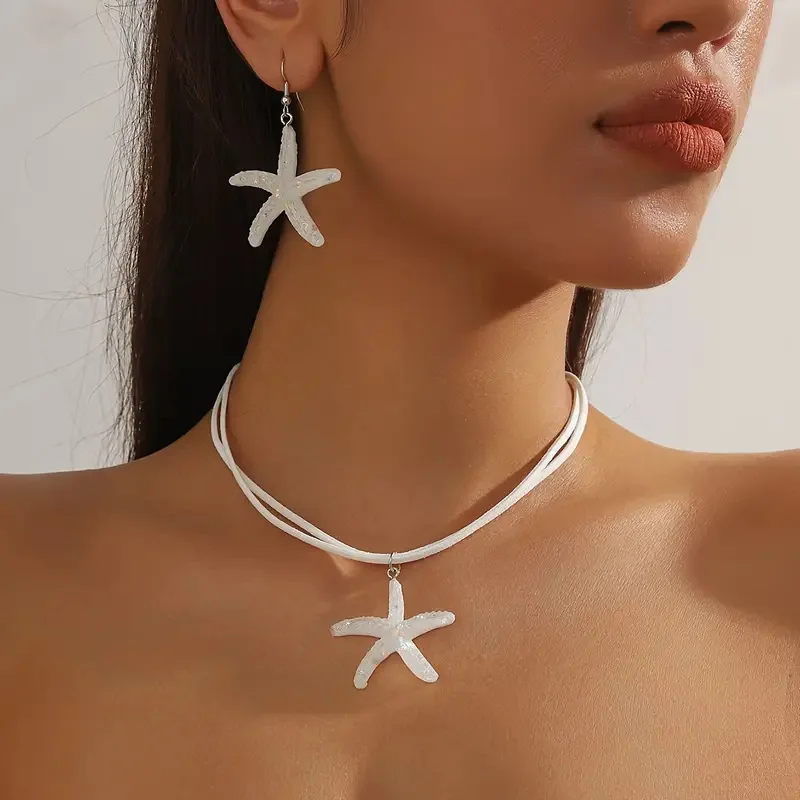 Mode Große Seestern Anhänger Halskette Schmuck-Set Für Frauen Mädchen Boho Sommer Strand Weiß Seil Kette Halsband Partei Schmuck Geschenk Mode Große Seestern Anhänger Halskette Schmuck-Set Für Frauen Mädchen Boho Sommer Strand Weiß Seil Kette Halsband Partei Schmuck Geschenk - Image 2