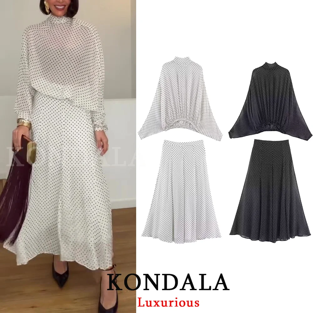Kondala Vintage Polka Dot Damen-Sets Chiffon Schleifenbluse Lose Lange Röcke Mode 2026 Frühling Sommer Urlaubsanzüge Kondala Vintage Polka Dot Damen-Sets Chiffon Schleifenbluse Lose Lange Röcke Mode 2026 Frühling Sommer Urlaubsanzüge