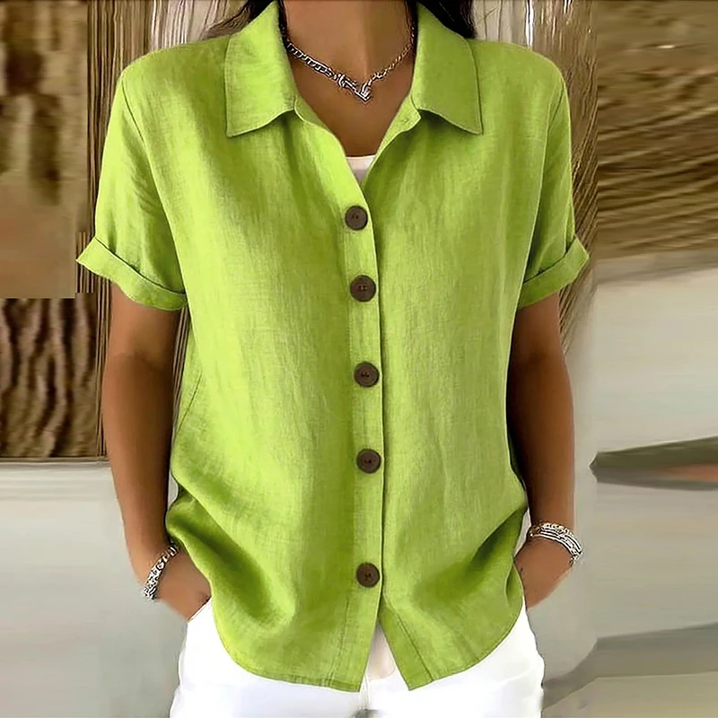 Elegante Damen-Sommerblusen Aus Baumwolle Und Leinen, Kurzarm, Reverskragen, Knopfleiste, Einfarbig, Lockeres Hemd, Lässige Damenbluse, Cardigan-Oberteile Elegante Damen-Sommerblusen Aus Baumwolle Und Leinen, Kurzarm, Reverskragen, Knopfleiste, Einfarbig, Lockeres Hemd, Lässige Damenbluse, Cardigan-Oberteile - Image 5