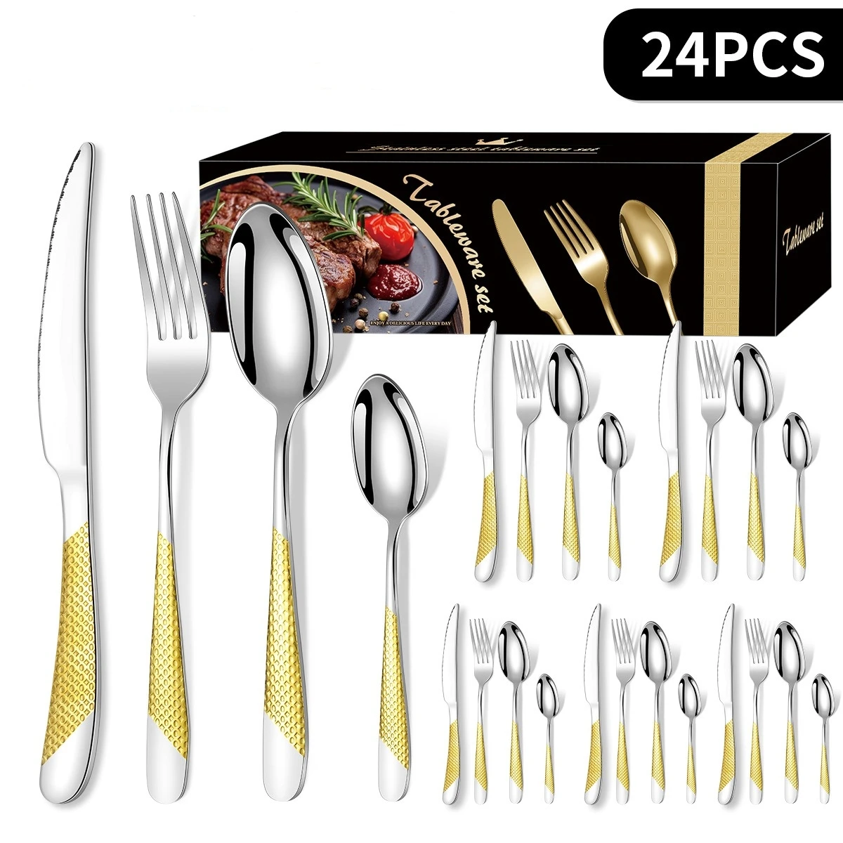 16/24-Teiliges Goldenes Besteckset Aus Edelstahl (Löffel/Gabel/Messer), Lebensmittelechtes Geschirrset, Spülmaschinenfest Und Leicht Zu Reinigen 16/24-Teiliges Goldenes Besteckset Aus Edelstahl (Löffel/Gabel/Messer), Lebensmittelechtes Geschirrset, Spülmaschinenfest Und Leicht Zu Reinigen