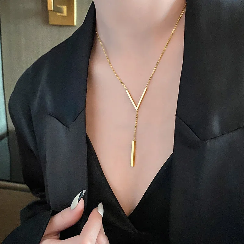 Simple V-Shaped Long Sexy Clavicle Necklace Gold Color Long Neck Chain Women Vertical Bar Pendant Necklace Party Jewelry Gifts Simple V-Shaped Long Sexy Clavicle Necklace Gold Color Long Neck Chain Women Vertical Bar Pendant Necklace Party Jewelry Gifts - Image 5