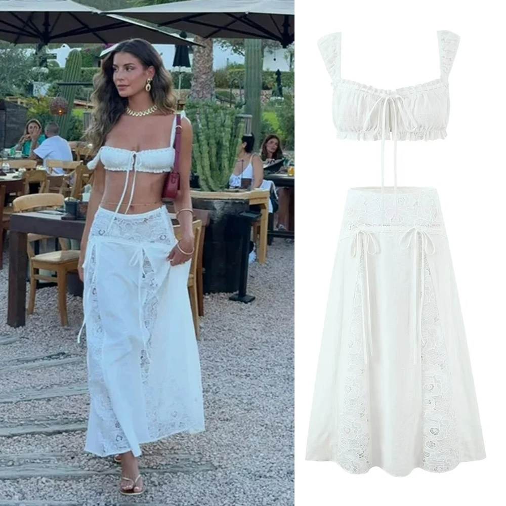 Suninheart Damen-Set, Weiß, Y2K-Vintage-Stil, Spitze, Quadratischer Ausschnitt, Kurzes Oberteil Und Maxirock, Urlaubskleid, Boho-Strandmode Suninheart Damen-Set, Weiß, Y2K-Vintage-Stil, Spitze, Quadratischer Ausschnitt, Kurzes Oberteil Und Maxirock, Urlaubskleid, Boho-Strandmode - Image 2