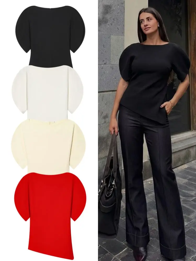 Hh Frühling Sommer Damen Casual Asymmetrische T-Shirts Mode Einfarbig Damen O-Ausschnitt Kurze Puffärmel Bluse Büro-Chic Oberteile Hh Frühling Sommer Damen Casual Asymmetrische T-Shirts Mode Einfarbig Damen O-Ausschnitt Kurze Puffärmel Bluse Büro-Chic Oberteile