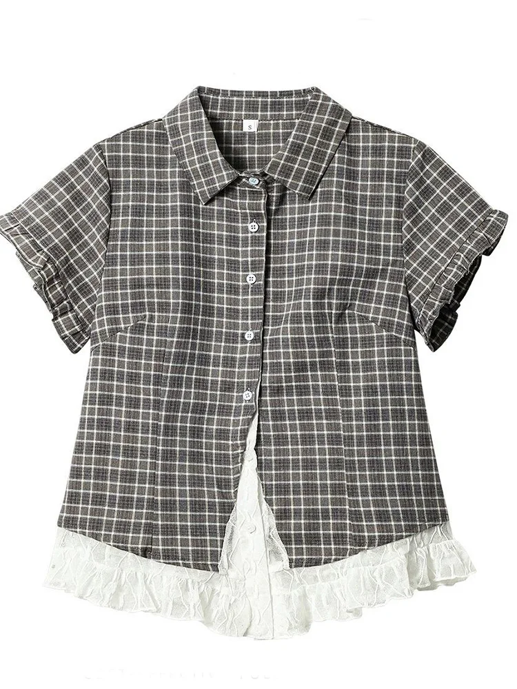 Spitzen-Patchwork Kariertes Hemd Damen Sommer Süße Kurzarm Vintage Bluse Schlanke Süße Retro Japan Kawaii Weibliche Niedliche Lässige Oberteile Spitzen-Patchwork Kariertes Hemd Damen Sommer Süße Kurzarm Vintage Bluse Schlanke Süße Retro Japan Kawaii Weibliche Niedliche Lässige Oberteile - Image 6