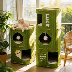Grünes Filz-Katzenfass-Bett - Mehrstufiger Katzenbaum mit Hängespielzeug, Gemütliches Kätzchenhaus, Haustiermöbel für Kleine und Mittelgroße Katzen