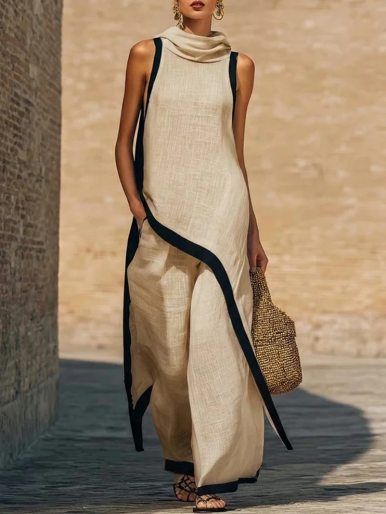 Damen Zweiteiler Mit Asymmetrischem Top Und Weiter Hose – Ärmelloses Sommer-Set Mit Kontrastdetails Damen Zweiteiler Mit Asymmetrischem Top Und Weiter Hose – Ärmelloses Sommer-Set Mit Kontrastdetails - Image 6