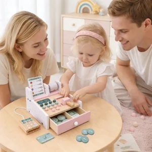 Kids Scanner Register  Wooden  Cash Register with Scanner Math Learning Role Play Cashier Game Set for Kids Pink