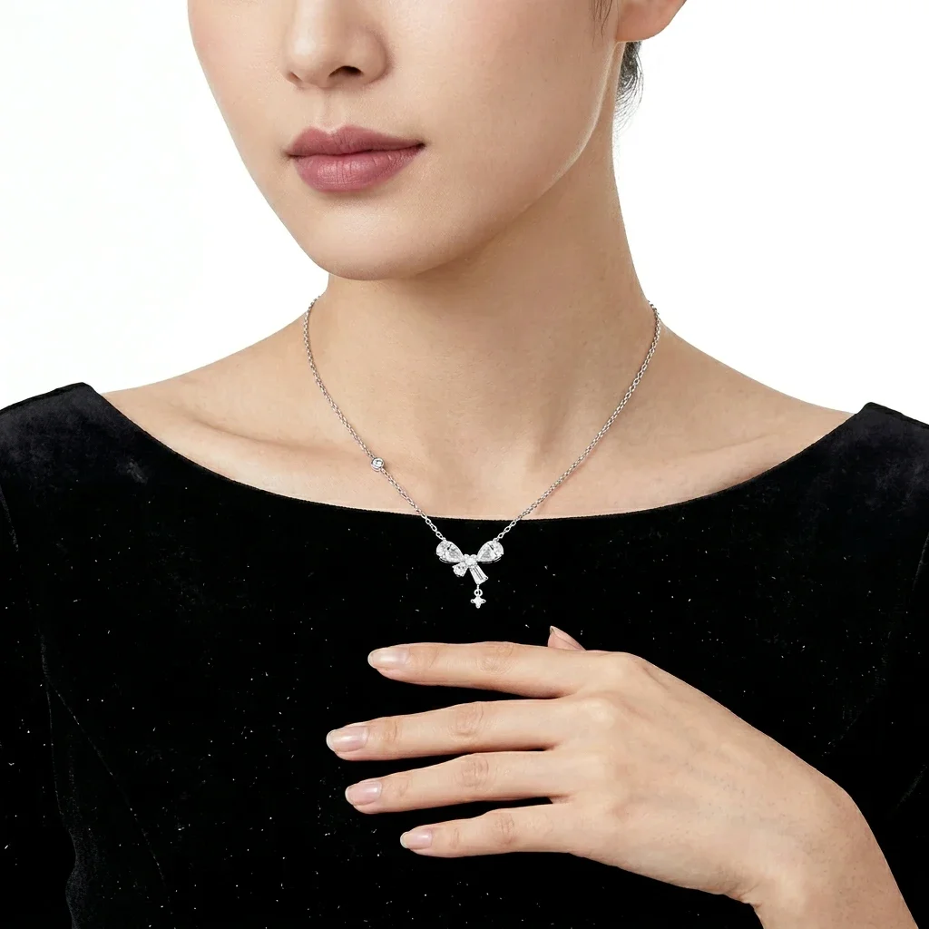 925 Sterling Silber Schleifenknoten Moissanit-Halskette Für Damen, Birnenförmiger D-Farbiger Vvs1 Labor-Diamant-Anhänger, Romantische Hochzeits-Schmuckstücke 925 Sterling Silber Schleifenknoten Moissanit-Halskette Für Damen, Birnenförmiger D-Farbiger Vvs1 Labor-Diamant-Anhänger, Romantische Hochzeits-Schmuckstücke - Image 6