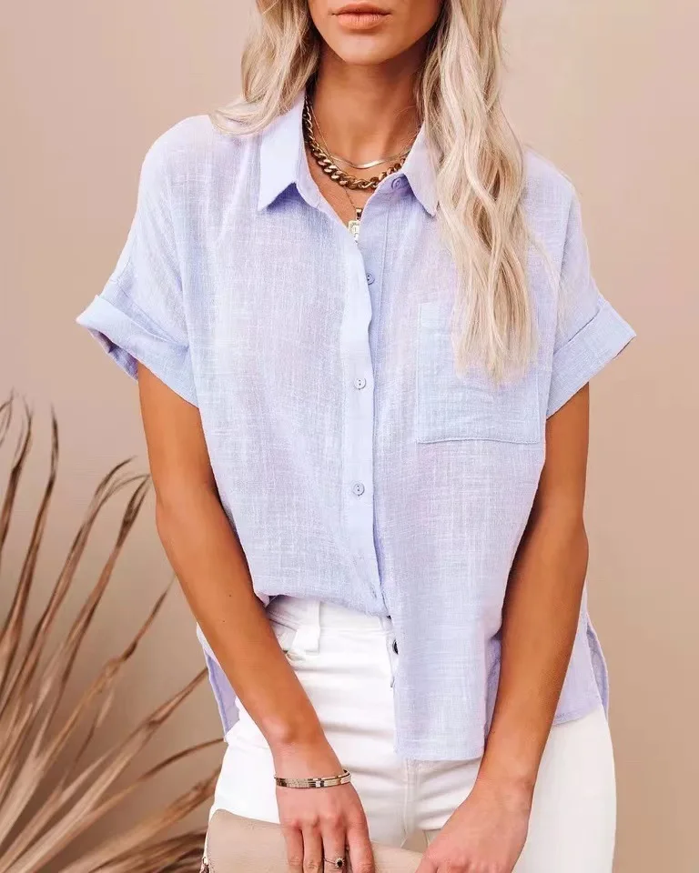 Elegantes Sommer-Oberteil Für Damen Aus Baumwolle Und Leinen, Kurzärmelig, Revers, Knopfleiste, Einfarbiges Hemd Mit Einer Tasche, Lässig Elegantes Sommer-Oberteil Für Damen Aus Baumwolle Und Leinen, Kurzärmelig, Revers, Knopfleiste, Einfarbiges Hemd Mit Einer Tasche, Lässig - Image 9