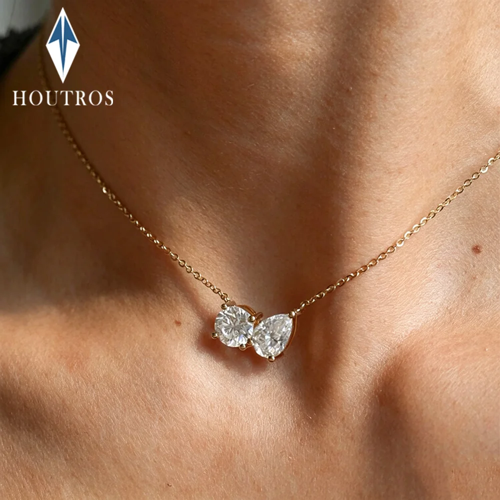 1Ct Runde Und Tropfenförmige Moissanit-Anhänger-Halskette Für Damen, 925Er Sterlingsilber, 18 Karat Vergoldet, Halskette, Hochzeitsschmuck, Gra 1Ct Runde Und Tropfenförmige Moissanit-Anhänger-Halskette Für Damen, 925Er Sterlingsilber, 18 Karat Vergoldet, Halskette, Hochzeitsschmuck, Gra