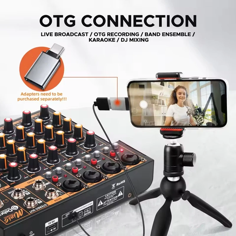Mini 6-Kanal-Audiomischer Dj-Mixer Mit Bluetooth 5.0, Otg, Reverb &Amp; 48 V Phantomspeisung Für Pc-Aufnahmen Und Live-Mixing 6-Kanal Mischpult