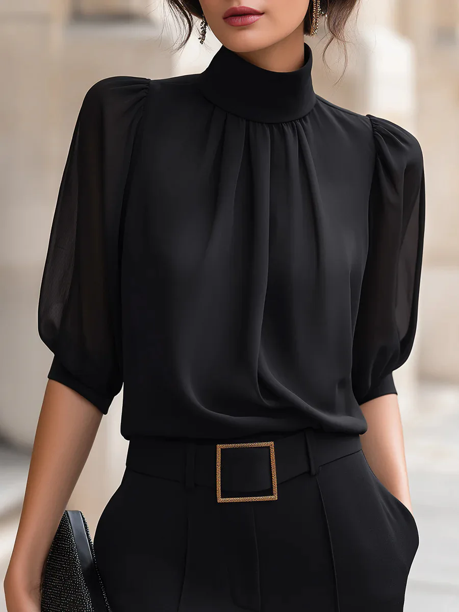 Halbärmelige, Plissierte Chiffonbluse Mit Stehkragen Für Damen, Elegantes Büro-Oberteil Für Damen, Frühling/Sommer, Locker Geschnittenes, Modisches Hemd Halbärmelige, Plissierte Chiffonbluse Mit Stehkragen Für Damen, Elegantes Büro-Oberteil Für Damen, Frühling/Sommer, Locker Geschnittenes, Modisches Hemd - Image 8