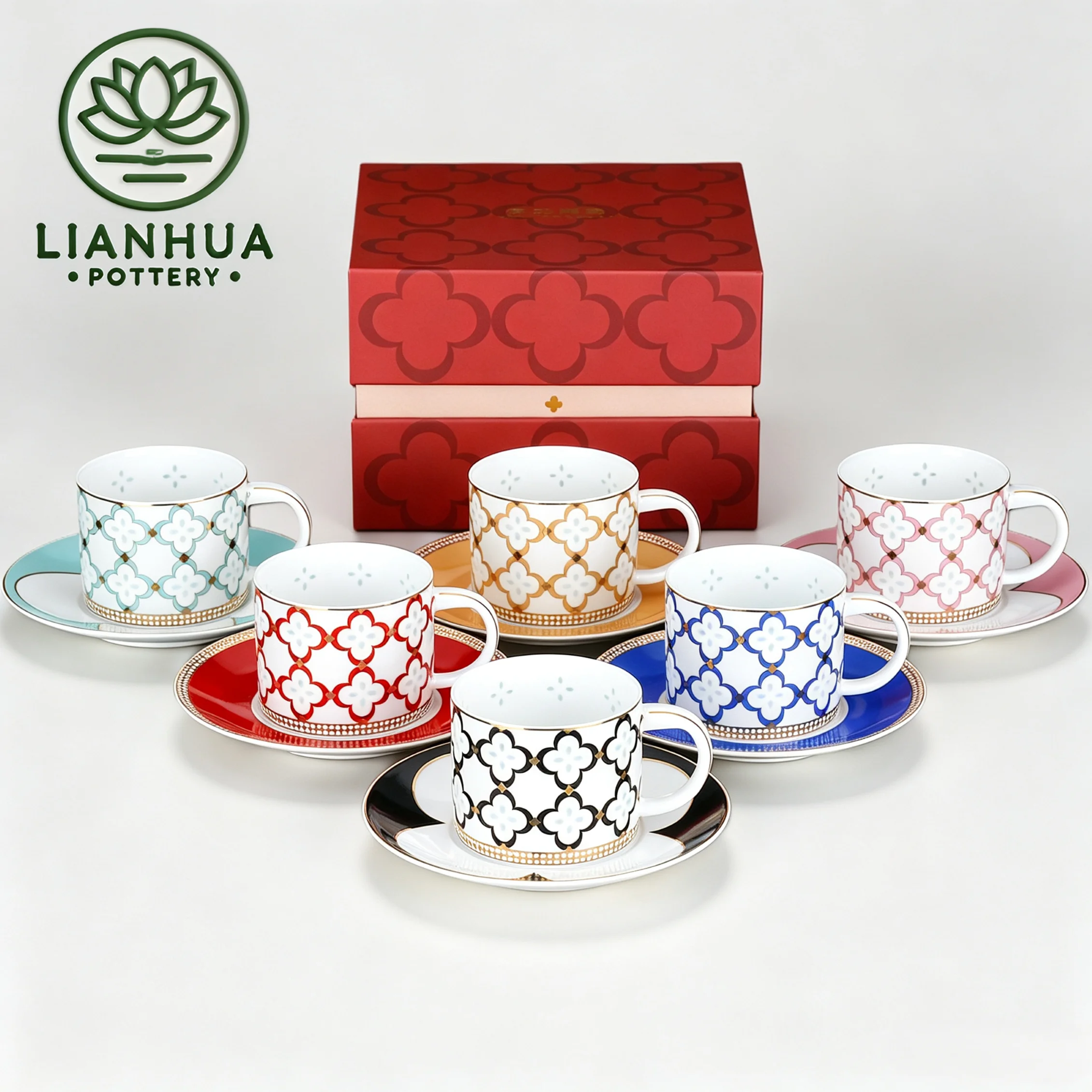 Lianhua Pottery Linglong Porzellan Teetasse Und Untertasse Set 150Ml Kleeblatt-Design, 6 Farben, Jubiläums- Und Festgeschenk Lianhua Pottery Linglong Porzellan Teetasse Und Untertasse Set 150Ml Kleeblatt-Design, 6 Farben, Jubiläums- Und Festgeschenk