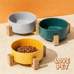 Cat Bowl Double Pet Dish with Wooden Stand Tall Elevated for Cervical Protection