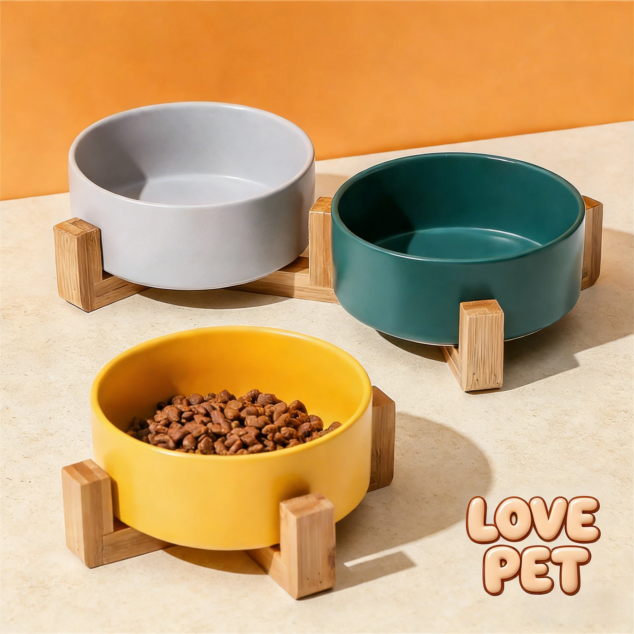 Cat Bowl Double Pet Dish With Wooden Stand Tall Elevated For Cervical Protection Cat Bowl Double Pet Dish With Wooden Stand Tall Elevated For Cervical Protection