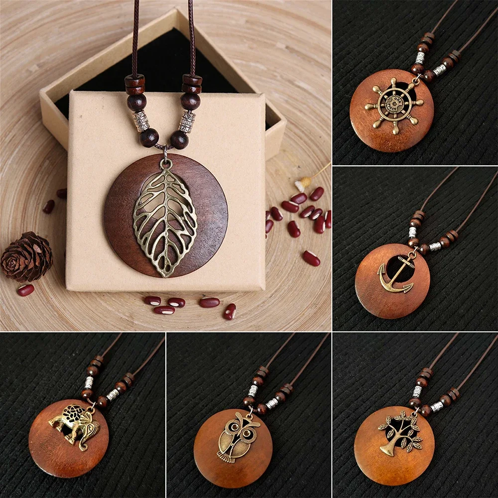 Vintage Folk Stil Holz Perlen Anhänger Halskette Für Frauen Choker Lange Wachs Gewinde Zink-Legierung Pullover Kleid Halskette Vintage Folk Stil Holz Perlen Anhänger Halskette Für Frauen Choker Lange Wachs Gewinde Zink-Legierung Pullover Kleid Halskette - Image 2