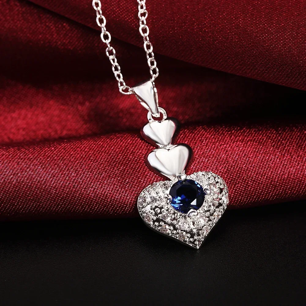 Heiße Mode-Halskette Aus 925Er-Sterlingsilber Mit Klassischem Blauem Kristall-Herz-Anhänger Für Frauen, Weihnachtsgeschenke, Hochzeits- Und Party-Schmuck Heiße Mode-Halskette Aus 925Er-Sterlingsilber Mit Klassischem Blauem Kristall-Herz-Anhänger Für Frauen, Weihnachtsgeschenke, Hochzeits- Und Party-Schmuck