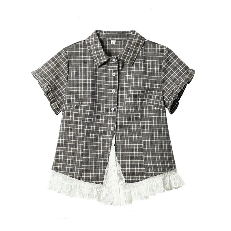 Spitzen-Patchwork Kariertes Hemd Damen Sommer Süße Kurzarm Vintage Bluse Schlanke Süße Retro Japan Kawaii Weibliche Niedliche Lässige Oberteile Spitzen-Patchwork Kariertes Hemd Damen Sommer Süße Kurzarm Vintage Bluse Schlanke Süße Retro Japan Kawaii Weibliche Niedliche Lässige Oberteile - Image 7